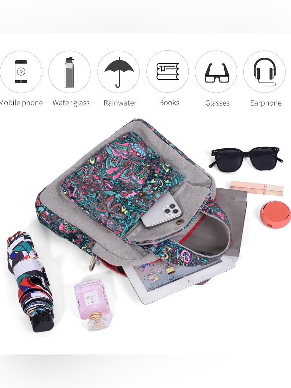 Black Butterfly Floral Canvas Crossbody Purse for Women, Boho Shoulder Bag - Picture 6 of 15